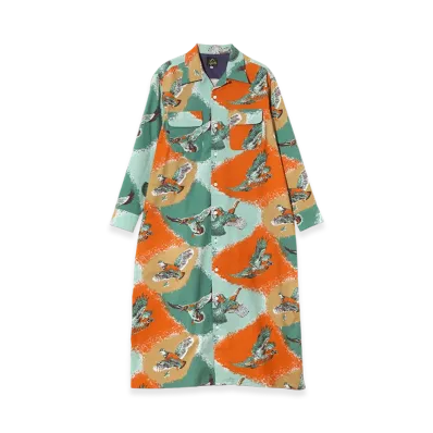 NEEDLES Classic Shirt Dress-Printed Flannel/Bird "Blue/Orange"