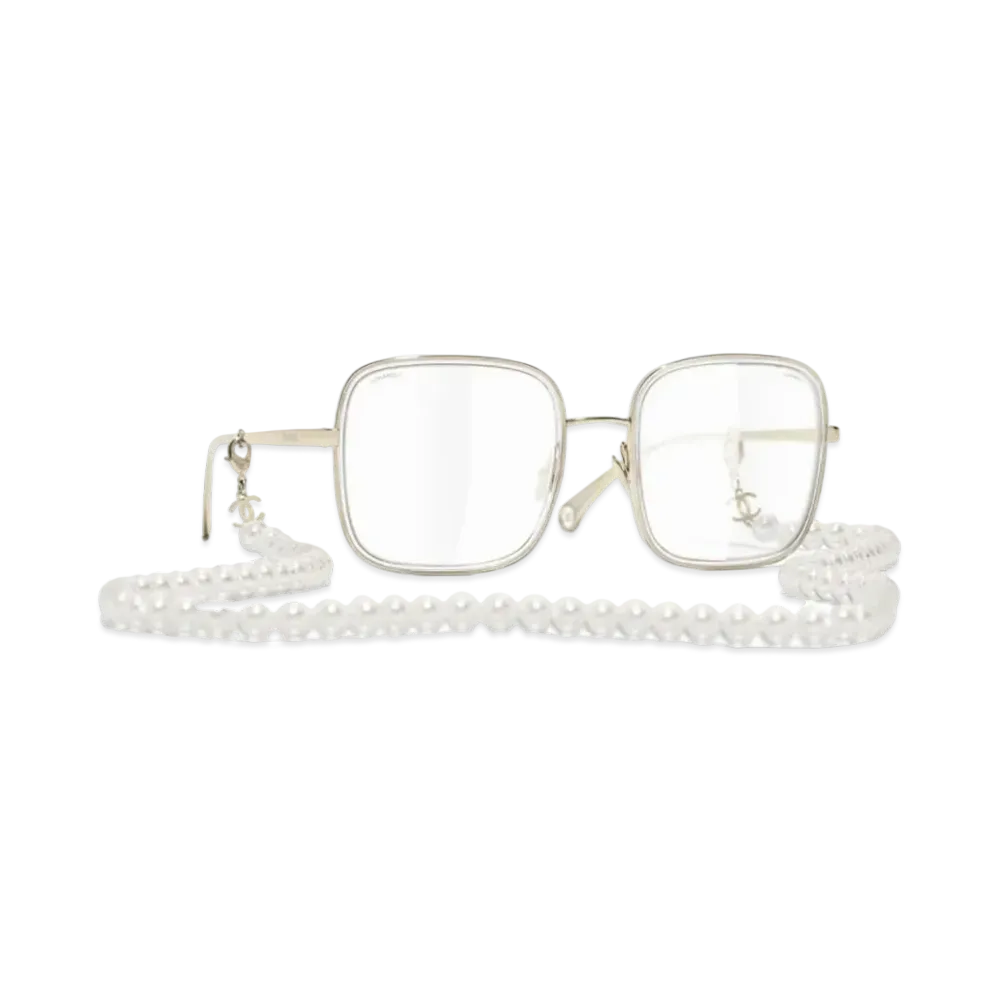 CHANEL Square Sunglasses Metal Resin & Glass Pearls Transparent Lenses "Gold"