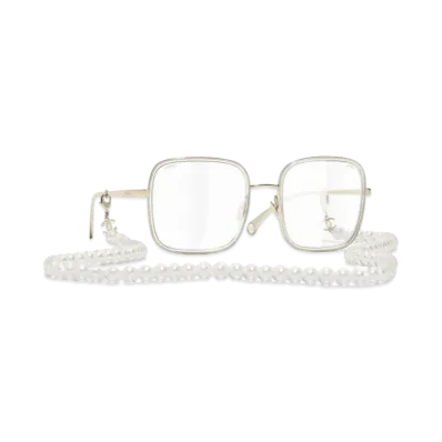 CHANEL Square Sunglasses Metal Resin & Glass Pearls Transparent Lenses "Gold"
