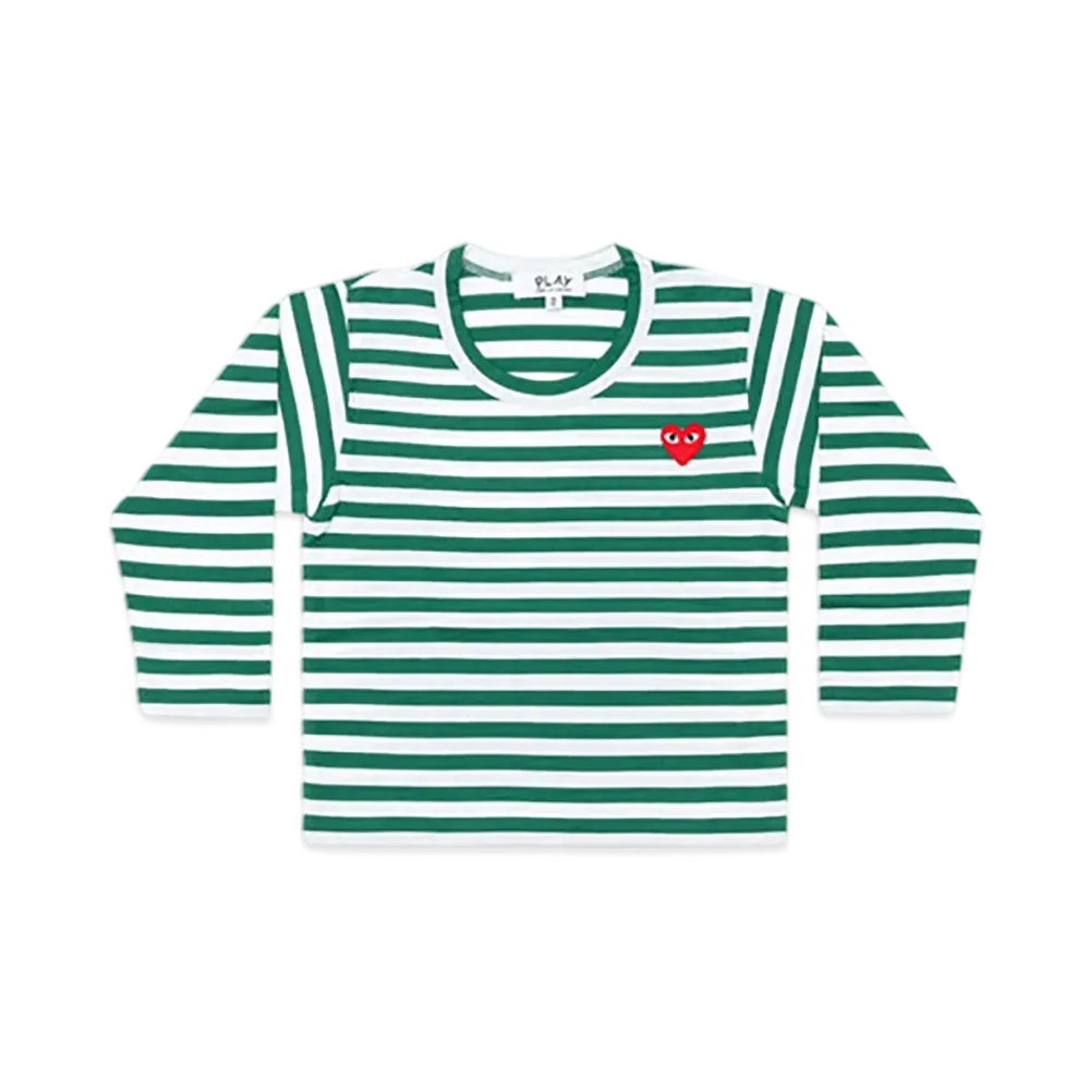PLAY COMME des GARCONS Kids Border Printed Long Sleeve T-Shirt With Red Emblem "Green/White"