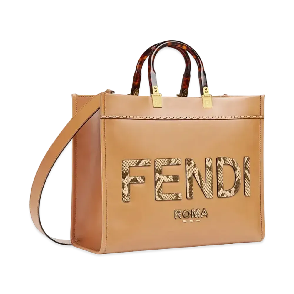 FENDI Sunshine Medium Leather And Elaphe Boston Bag "Brown"