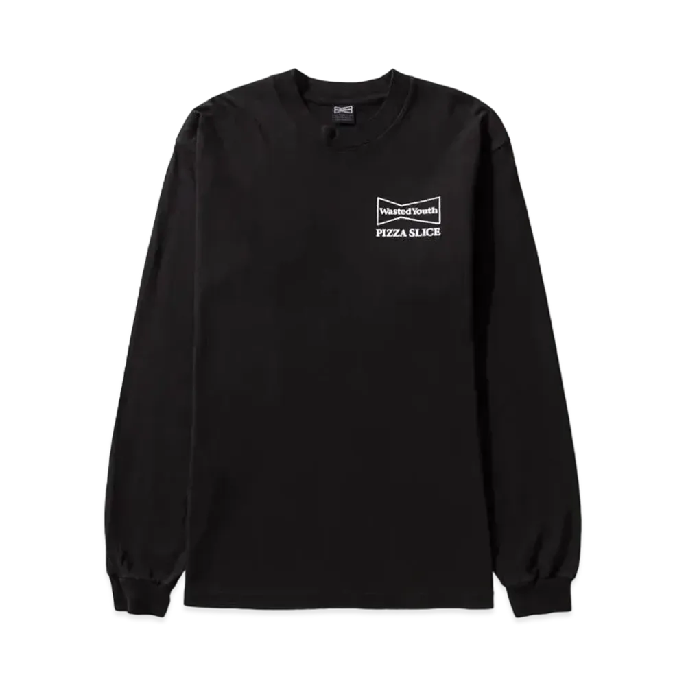 Wasted Youth x PIZZA SLICE LONG SLEEVE T-SHIRT (With Button Badge) "Black/White" / VERDY
