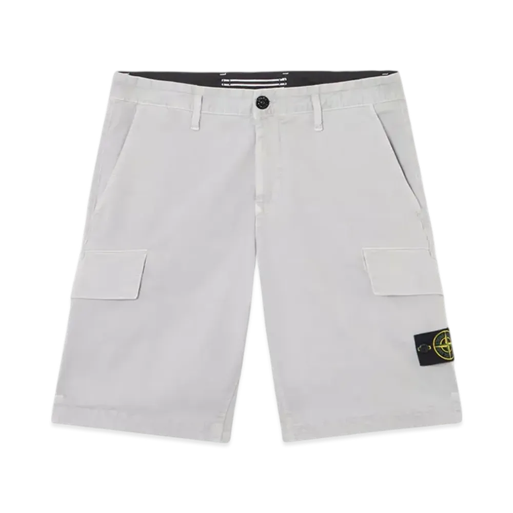 Stone Island L100L12 Stretch Organic Broken Twill Cotton Old Effect Slim-Fit Cargo Bermuda Shorts with Zipper Pockets - 25SS "Pearl Grey"