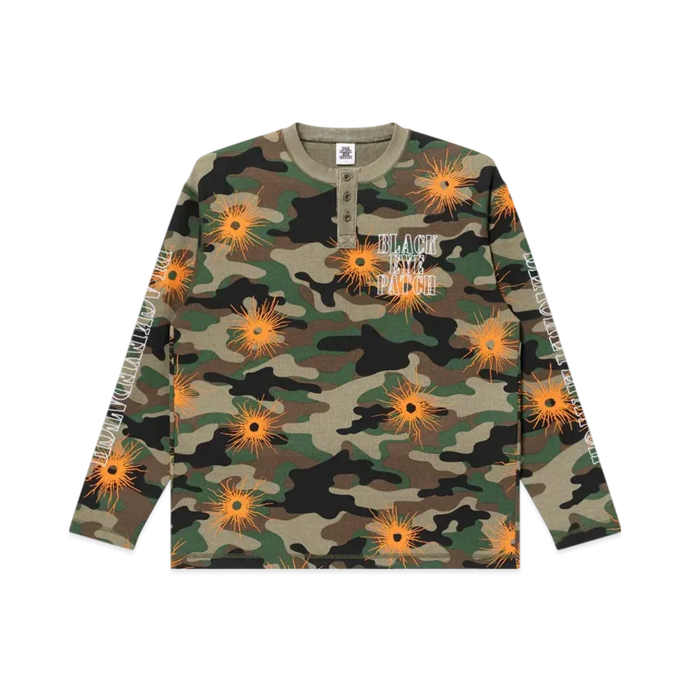 BlackEyePatch Gunshot Stencil Henley Neck L/S Thermal Woodland "Camo"