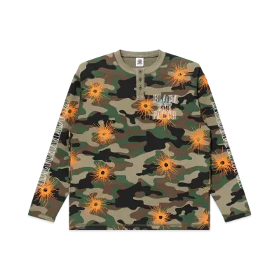 BlackEyePatch Gunshot Stencil Henley Neck L/S Thermal Woodland "Camo"