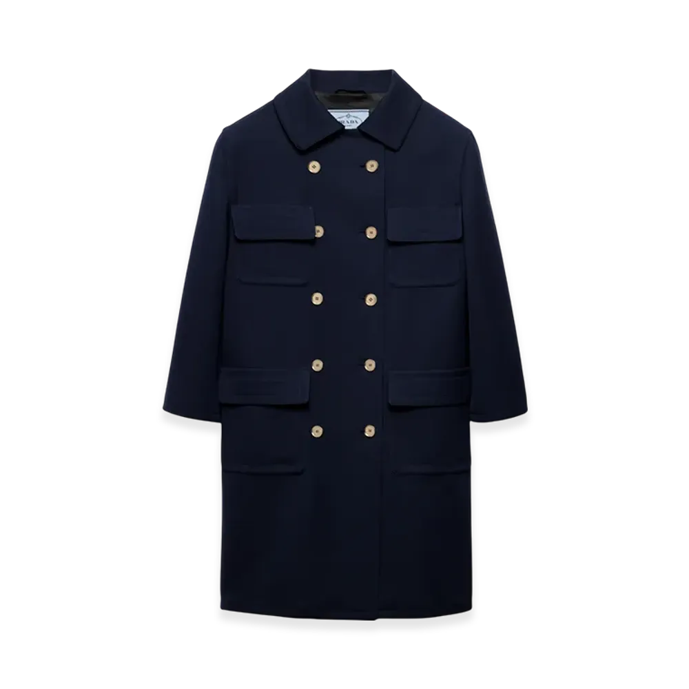 PRADA Women's Double-Breasted Technical Tricotine Coat "Navy"
