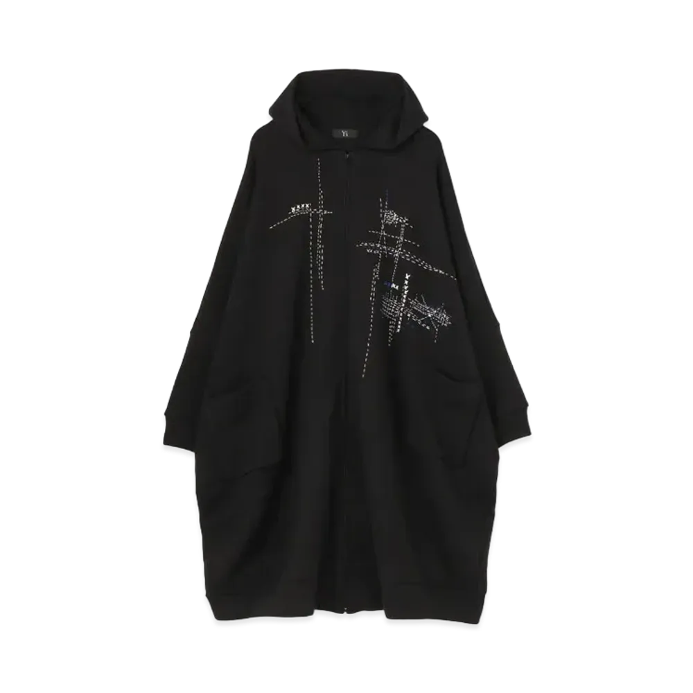 Yohji Yamamoto Y's COTTON LYOCELL FLEECE EMBROIDERY LONG HOODIE "Black"