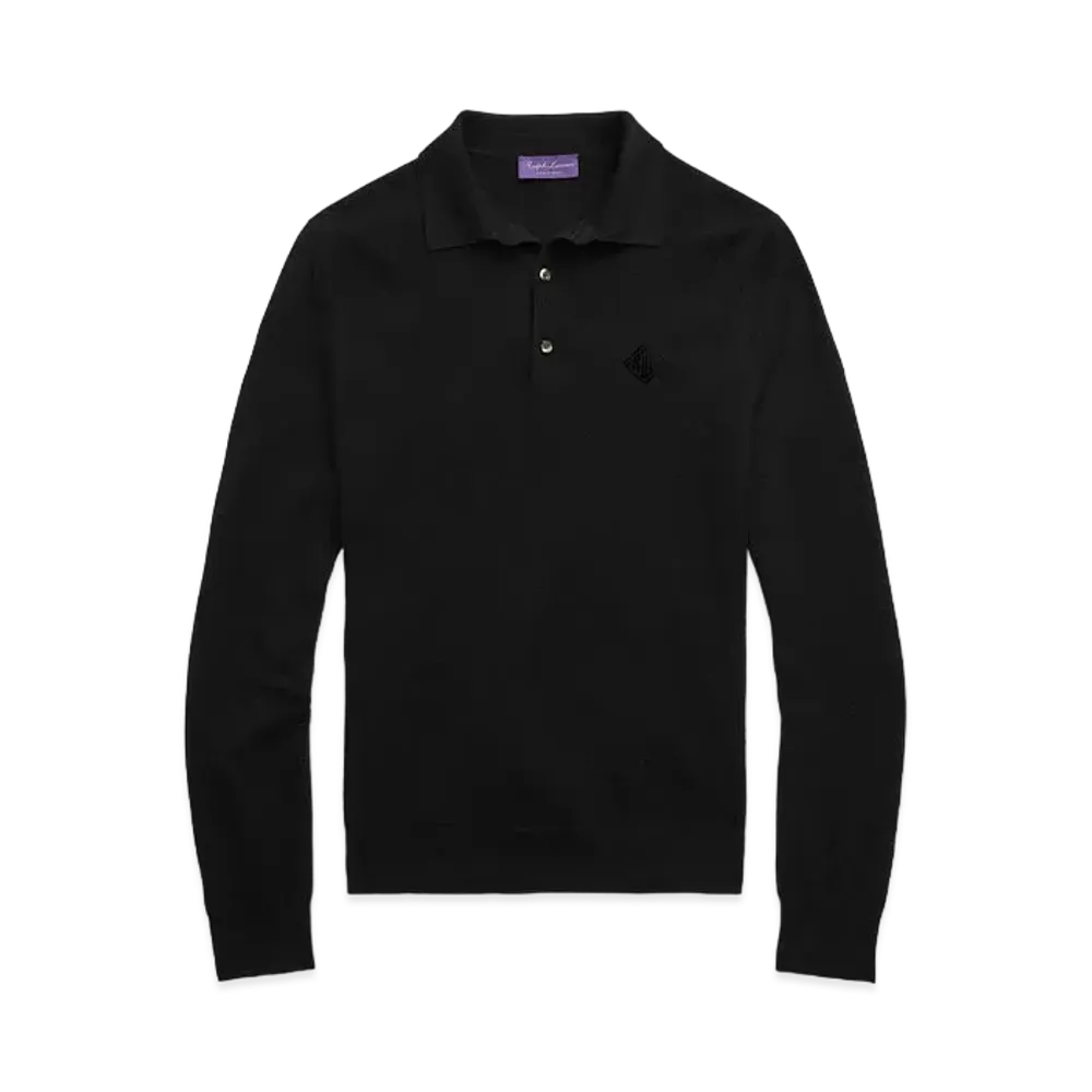 Ralph Lauren Purple Label Monogram Silk Blend Polo Collar Sweater "Black"