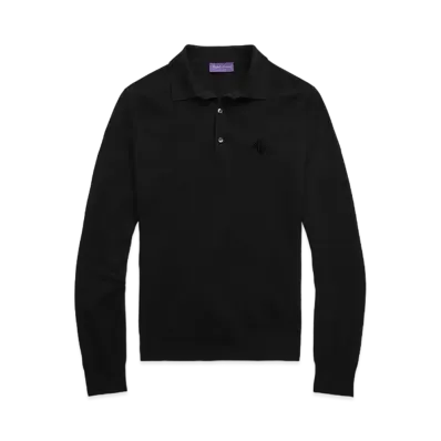 Ralph Lauren Purple Label Monogram Silk Blend Polo Collar Sweater "Black"