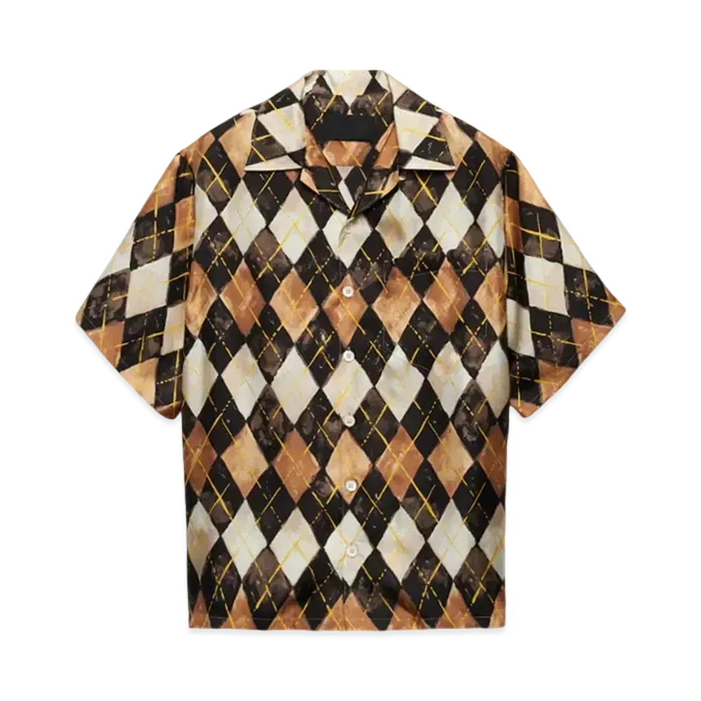 PRADA Men's Short-Sleeved Argyle-Pattern Silk Twill Shirt "Dark Brown"