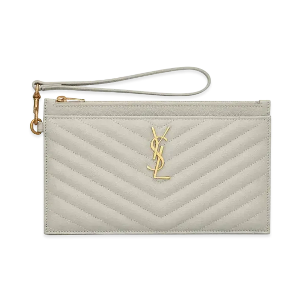 SAINT LAURENT Monogram Large Bill Pouch In Grain De Poudre Embossed Leather "Vintage White"