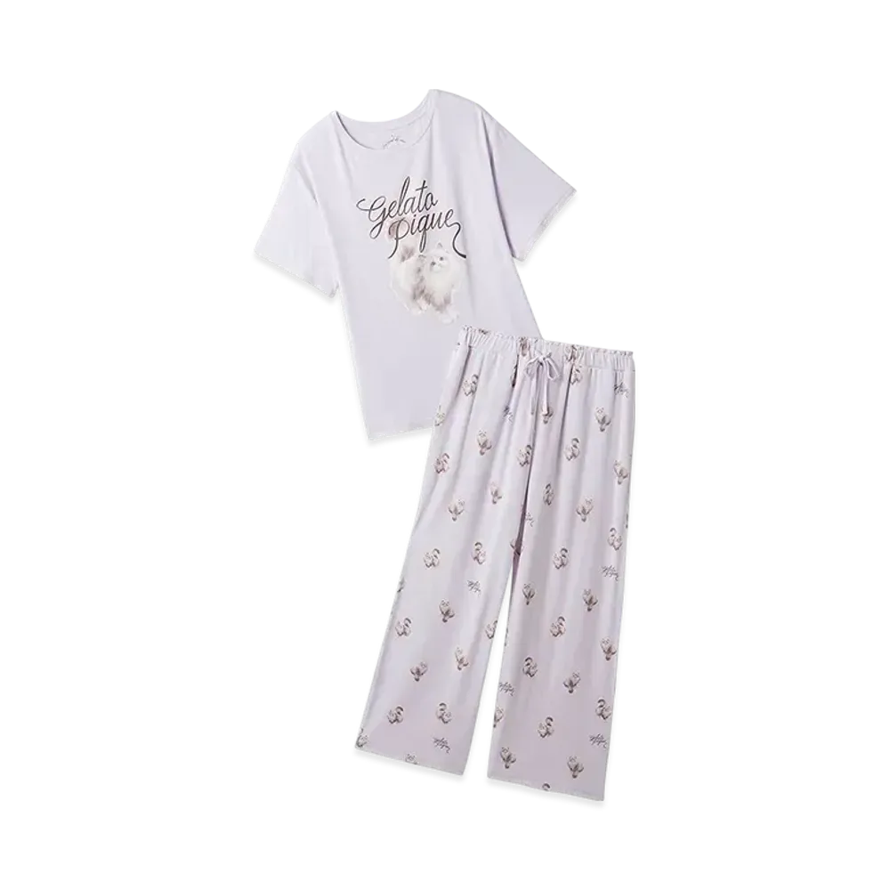 GELATO PIQUE Cat Pattern One-Point T-Shirt & Long Pants Set "Lavender"
