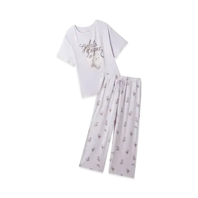 GELATO PIQUE Cat Pattern One-Point T-Shirt & Long Pants Set "Lavender"