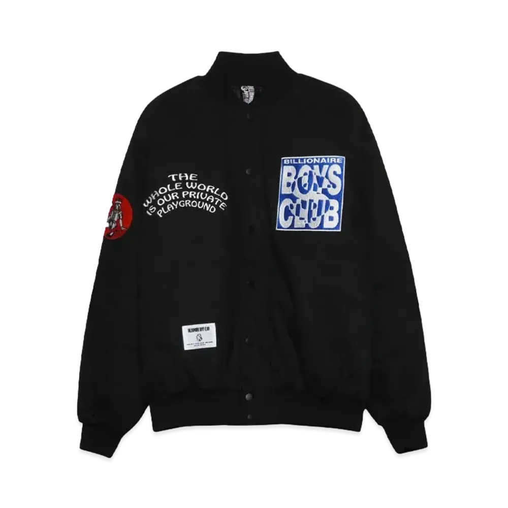 BILLIONAIRE BOYS CLUB COTTON TWILL VARSITY JACKET WITH BADGES "BLACK"