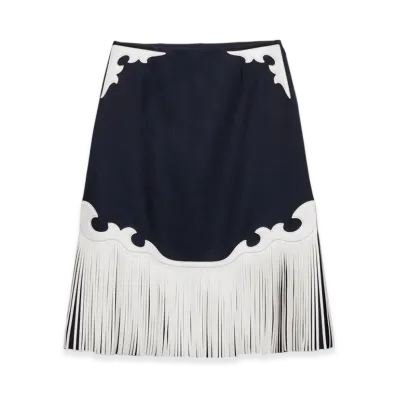 PRADA Women's Rush Stitch Skirt with Leather Fringe "Navy"
