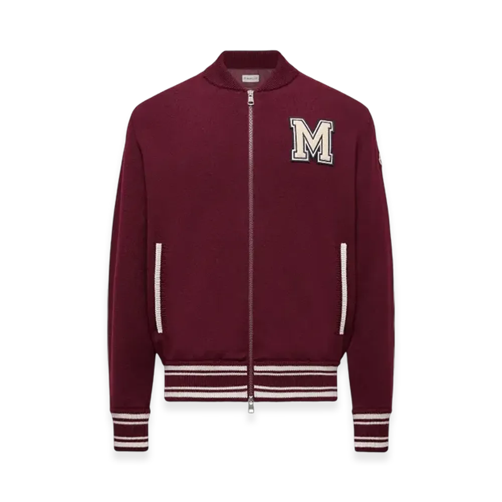 MONCLER Embroidered Monogram Padded Zip-Up Wool Blend Cardigan "Burgundy"