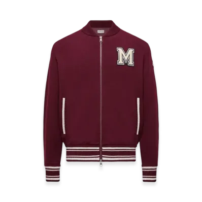 MONCLER Embroidered Monogram Padded Zip-Up Wool Blend Cardigan "Burgundy"
