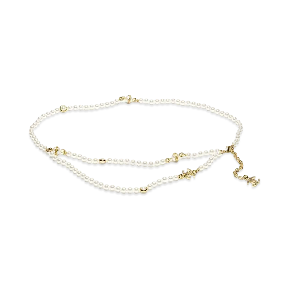 CHANEL Chain Belt Metal Glass Pearls Imitation Pearls & Strass "Dark Gold/White/Crystal"