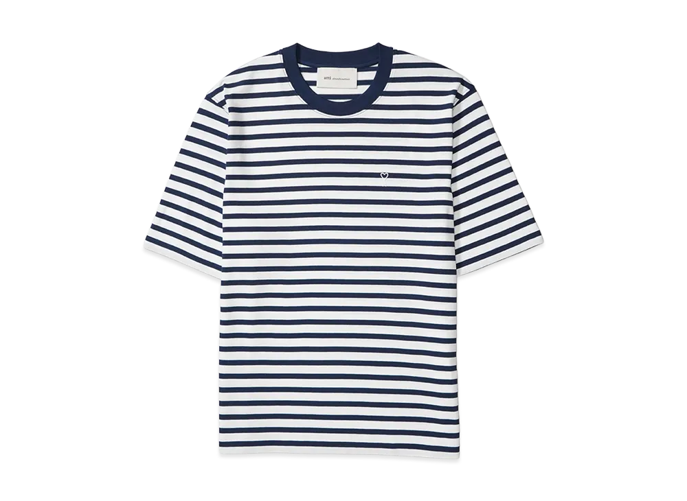 AMI PARIS Quota -Short Sleeves Boxy Fit Mariniere Teeshirt With Ami De Coeur Patch "Blue"
