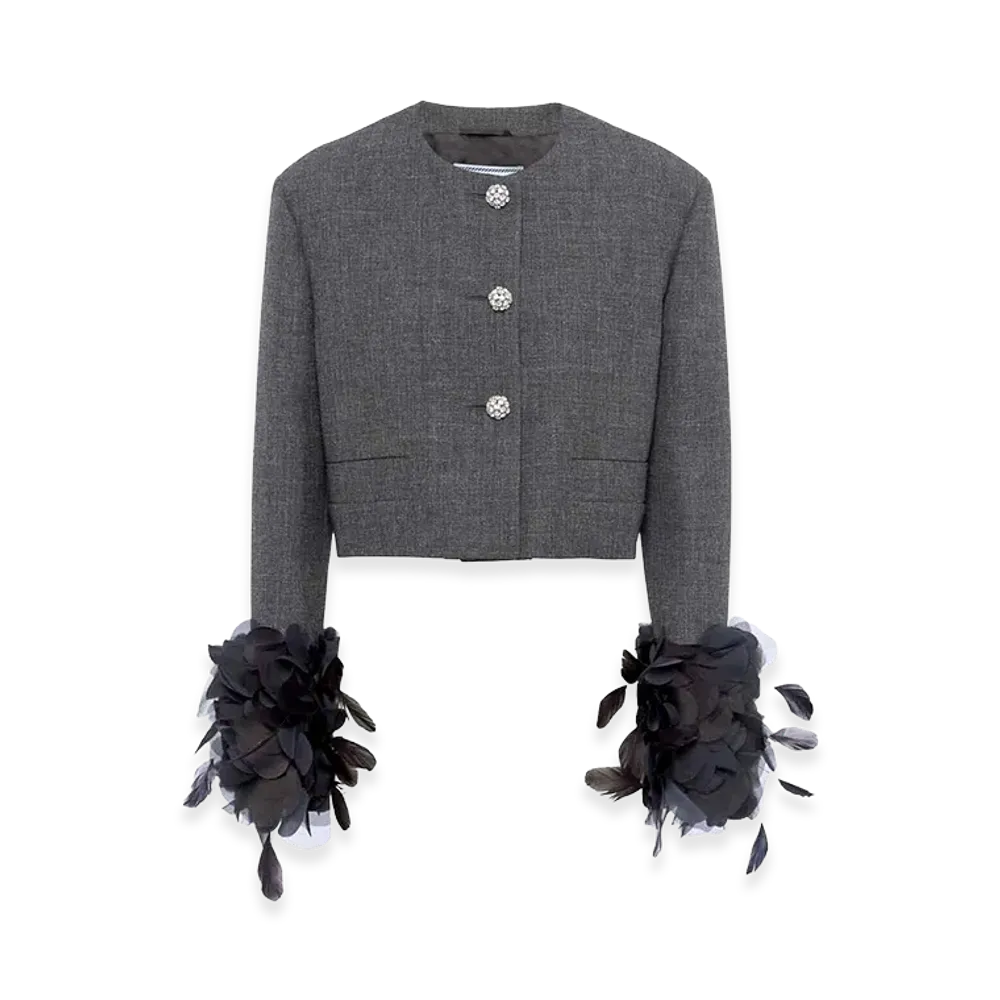 PRADA Wonen's Cropped Jacket With Feather "Dark Gray"