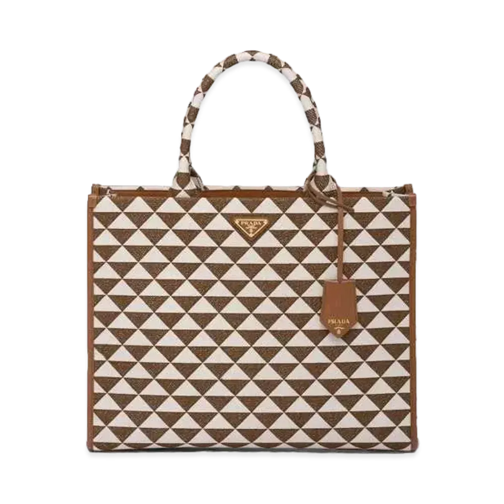 PRADA Large Prada Symbole Embroidered Fabric Handbag "Tobacco/Chalk White"