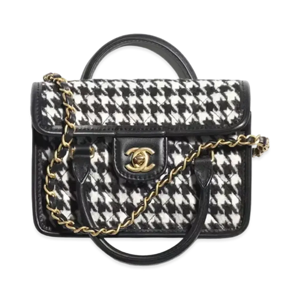 CHANEL Mini Flap Bag With Top Handle Wool Tweed & Gold-Tone Metal "White/Black"