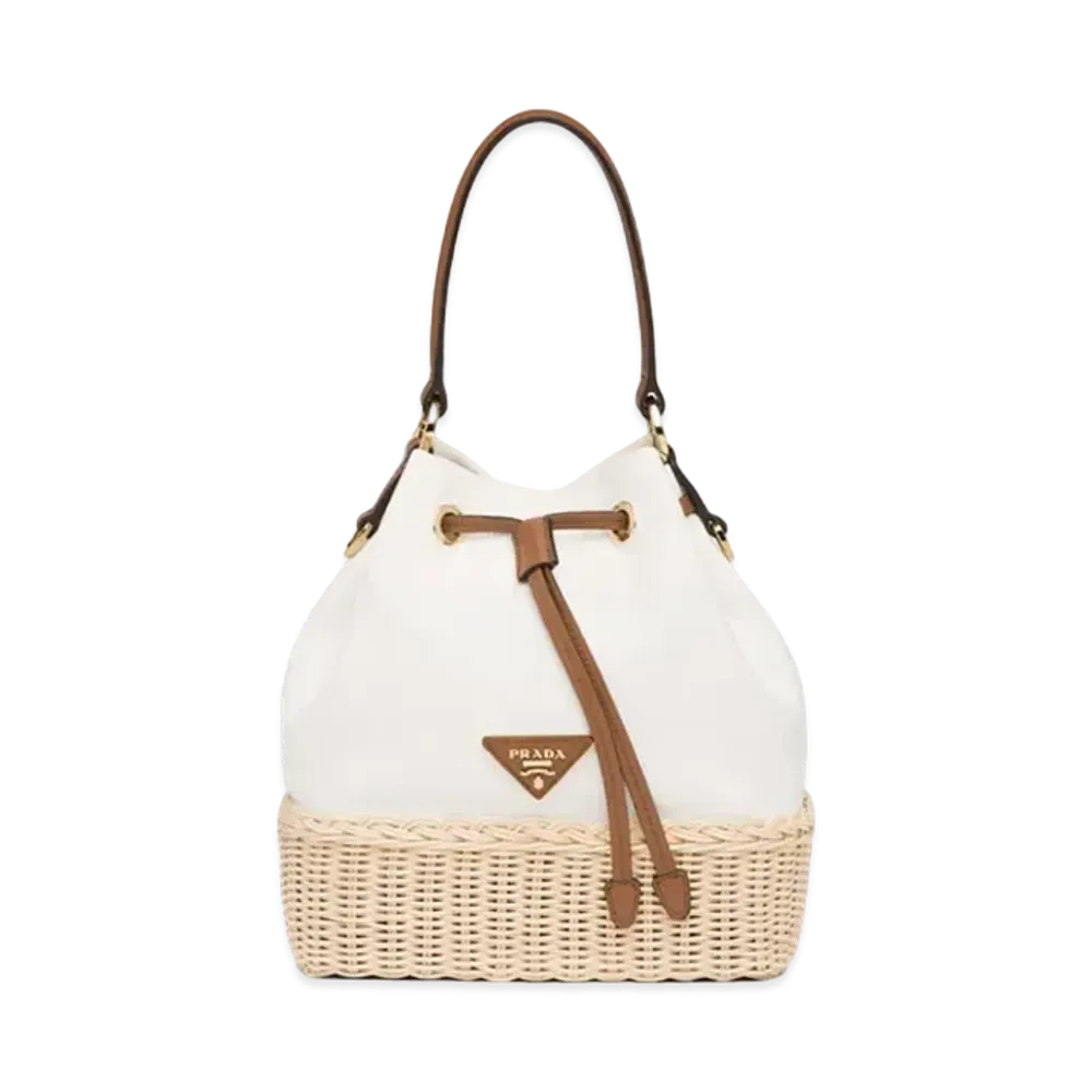 PRADA Plage Wicker & Canvas Bucket Bag "Natural/White"