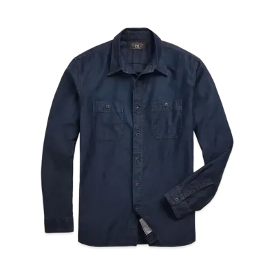 RRL Ralph Lauren Indigo Cotton Linen Satine Work Shirt "Navy"