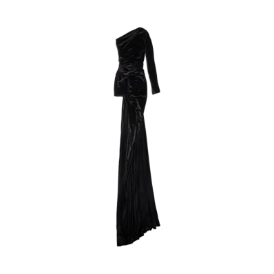 BALENCIAGA Women's Asymmetric Dress Fluid Velvet Jersey "Black"