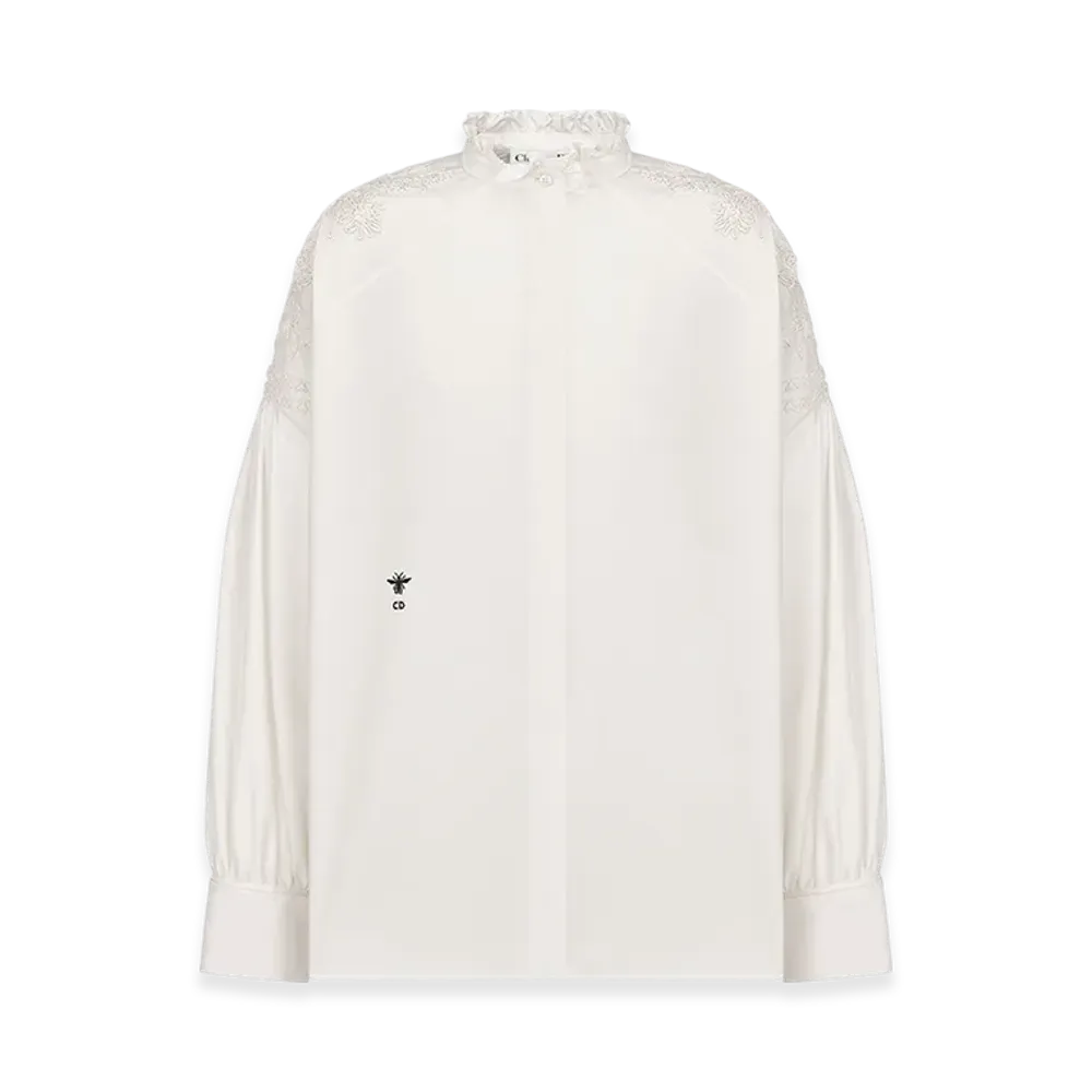 Dior Women's Embroidered Blouse Poplin Silk Butterfly Motif "Ecru"