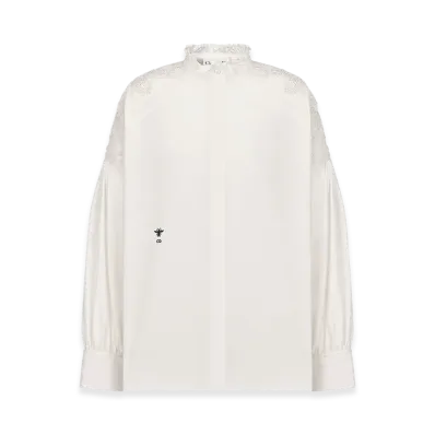 Dior Women's Embroidered Blouse Poplin Silk Butterfly Motif "Ecru"