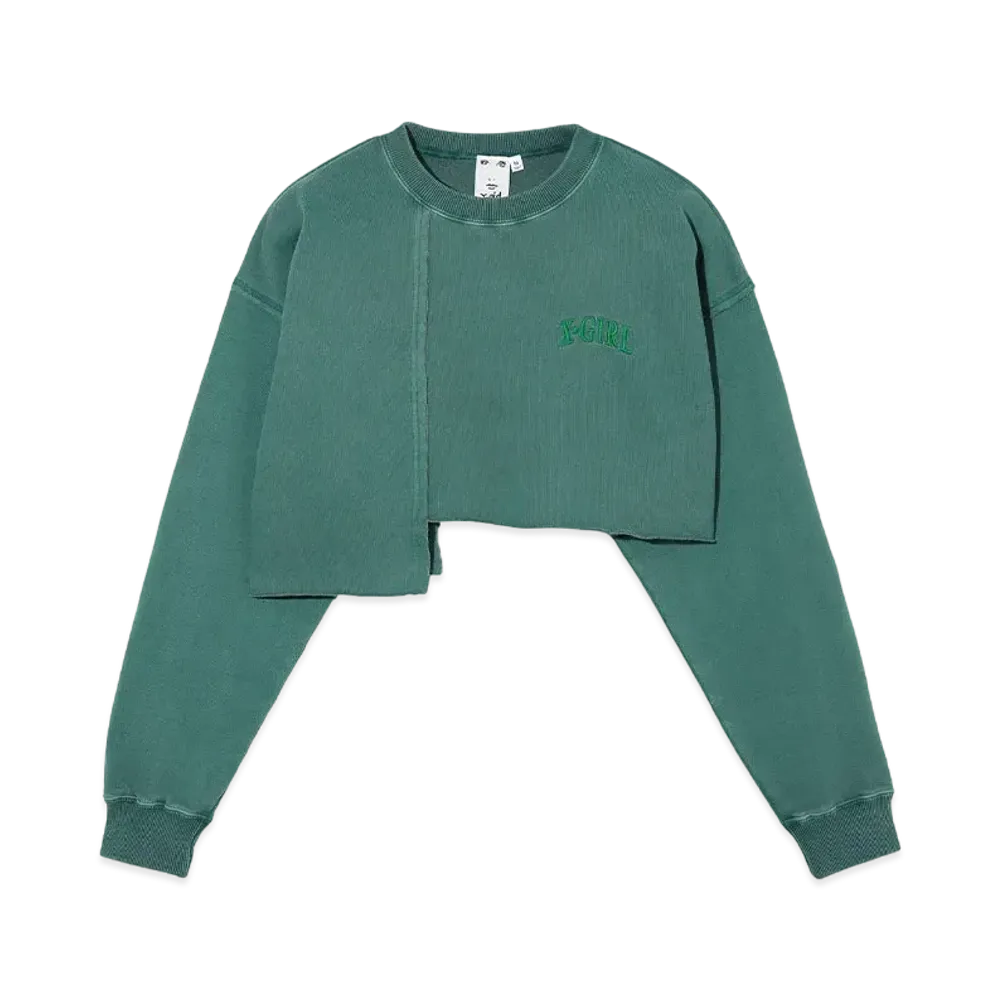 X-Girl Distressed Collar Cropped Crew Sweat Top "Green"
