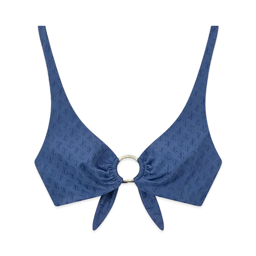 Jimmy Choo Sira JC Monogram Recycled Nylon and Lycra Bikini Top "Smoky Blue"