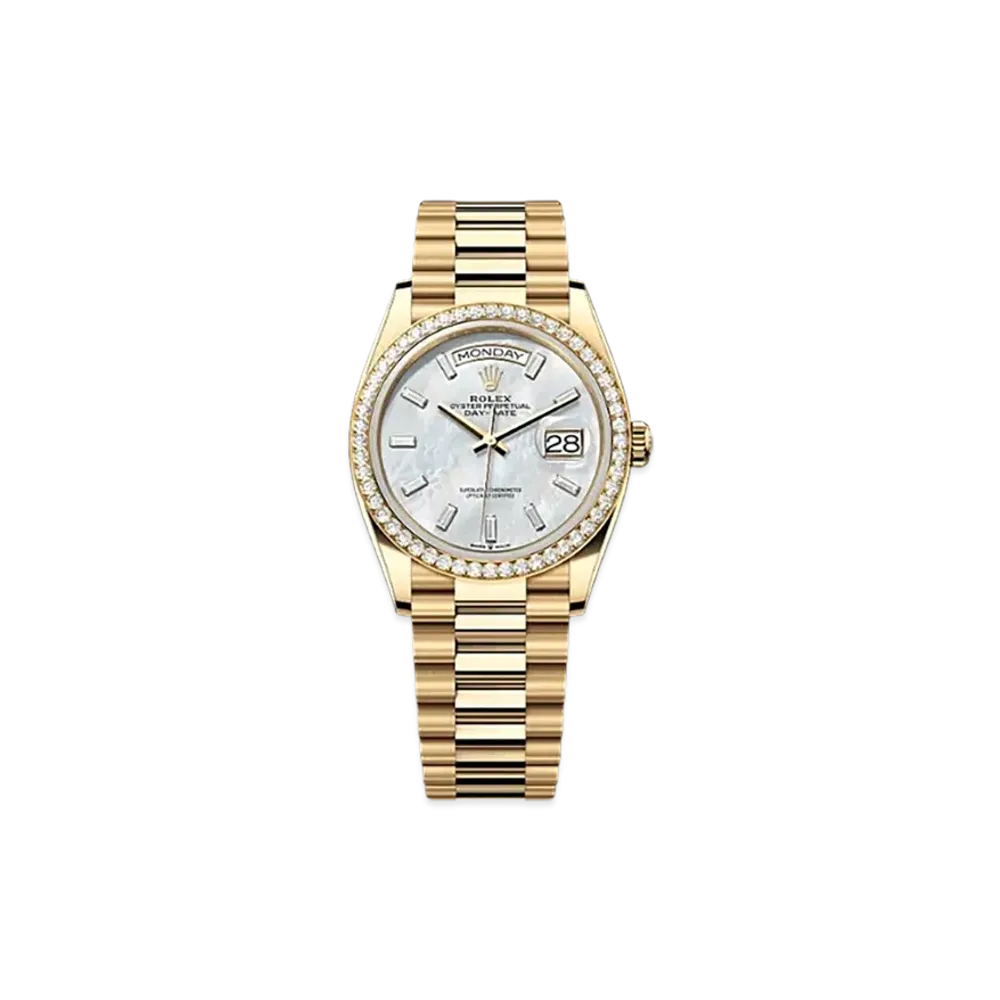 ROLEX Day-Date 36mm Yellow Gold Diamond 128348RBR "White Mother-of-Pearl"