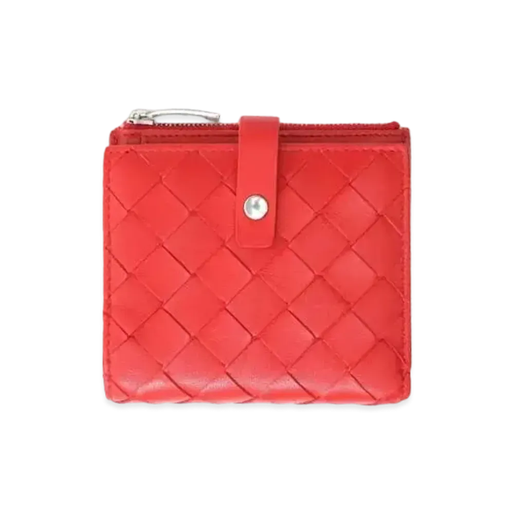 Bottega Veneta Intrecciato Lambskin Calfskin Compact Wallet With Coin Purse "Bright Red"