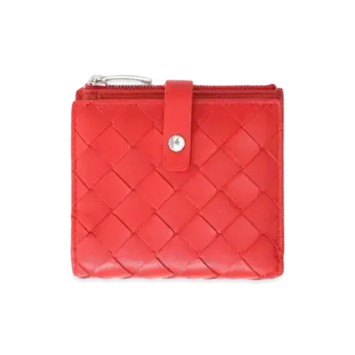 Bottega Veneta Intrecciato Lambskin Calfskin Compact Wallet With Coin Purse "Bright Red"