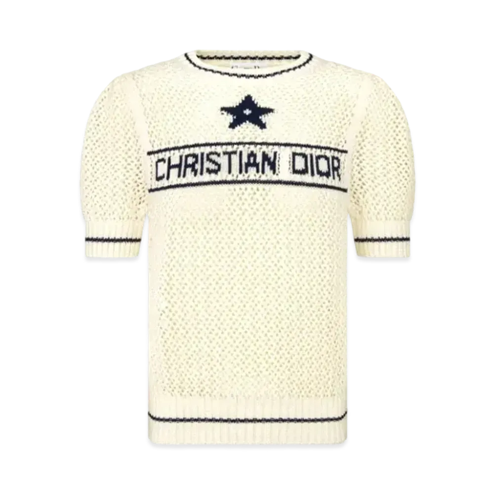 Dior Women's Short-Sleeved Sweater Openwork Cotton Knit "White/Navy Blue"