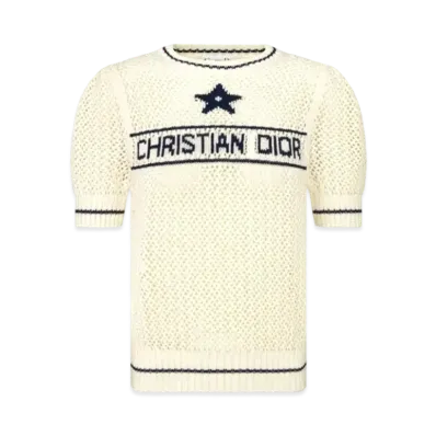 Dior Women's Short-Sleeved Sweater Openwork Cotton Knit "White/Navy Blue"
