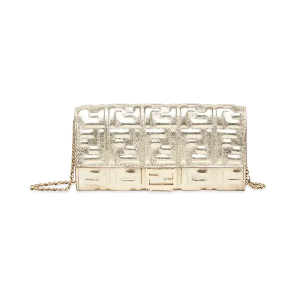 FENDI Baguette Continental Wallet with Chain FF Metallic Leather "Gold"