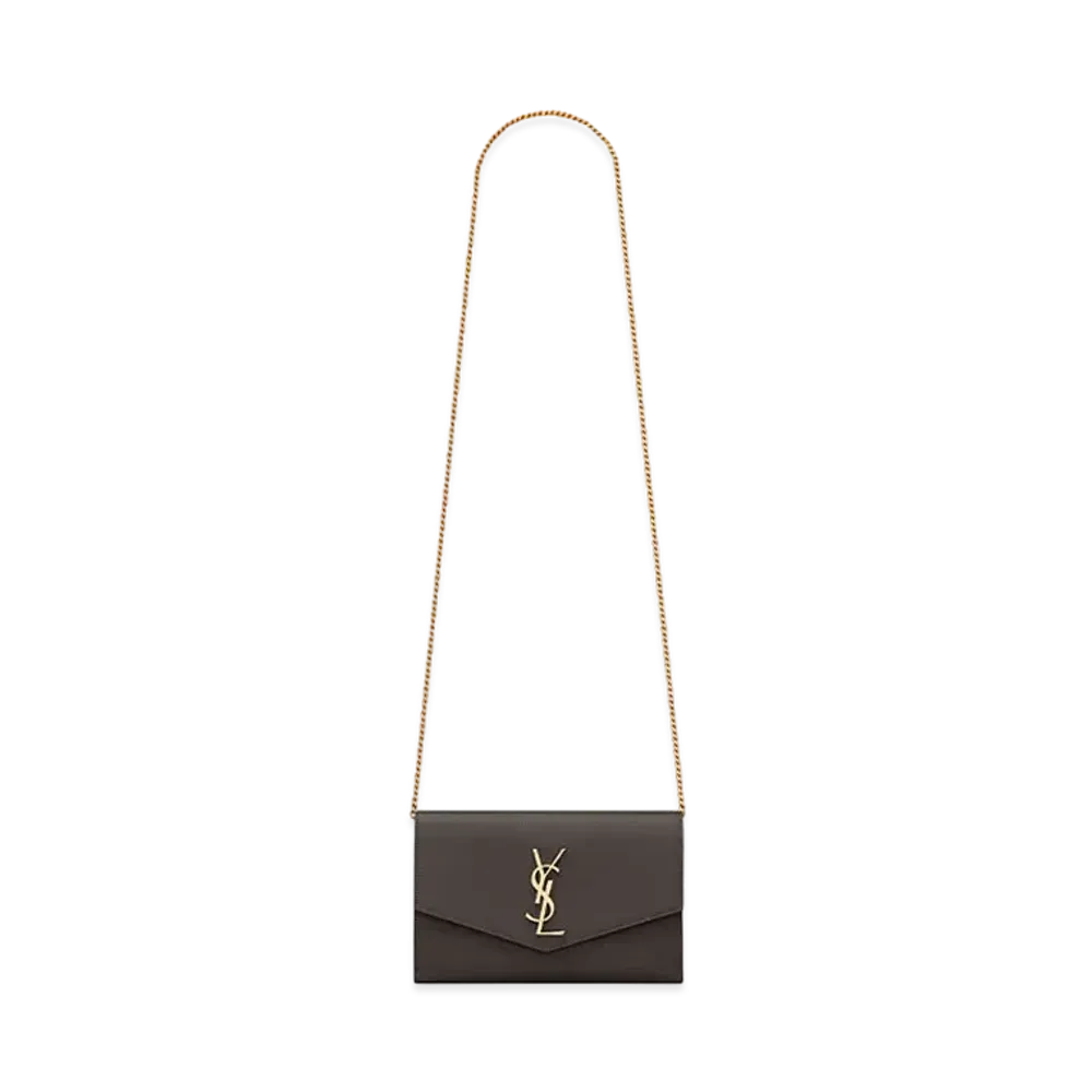 Saint LaurentLAURENT Uptown Chain Wallet In Grain De Poudre Embossed Leather "Pebble"