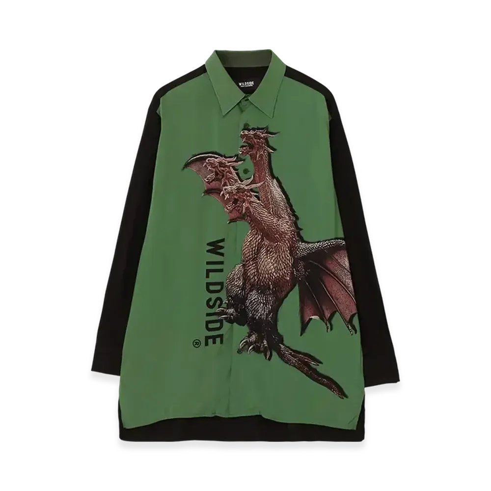 WILDSIDE Yohji Yamamoto x IZUMONSTER Rayon Graphic Shirt (King Ghidorah) "Green/Black"