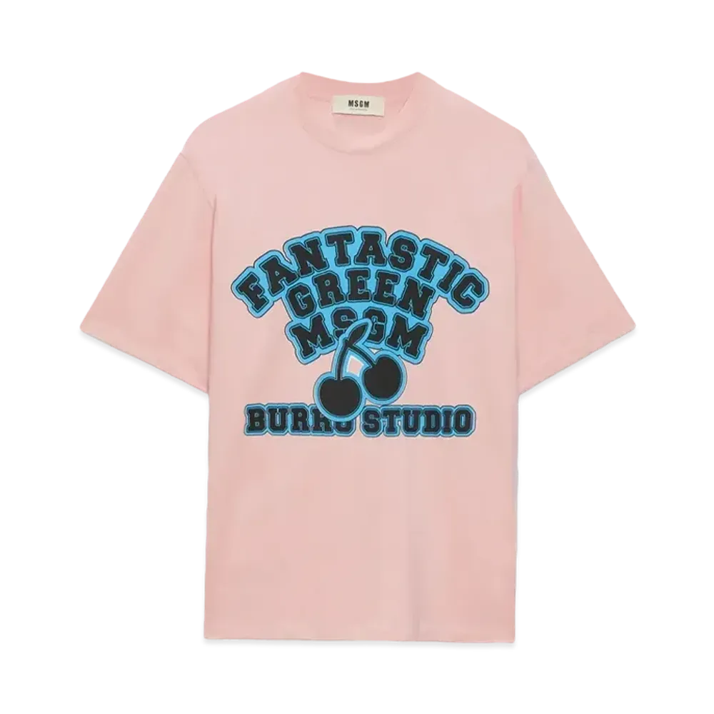 MSGM Organic Cotton Fantastic Green Burro Studio Pink T-Shirt "Pink"