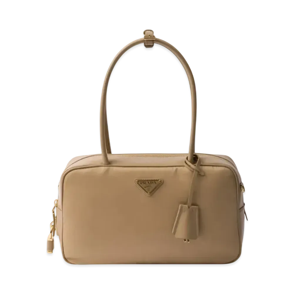 PRADA Re-Nylon and Leather Medium Top-Handle Bag with Padlock "Beige"