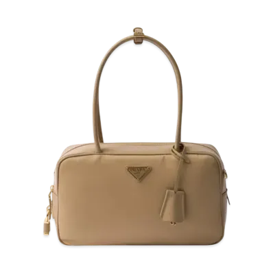 PRADA Re-Nylon and Leather Medium Top-Handle Bag with Padlock "Beige"