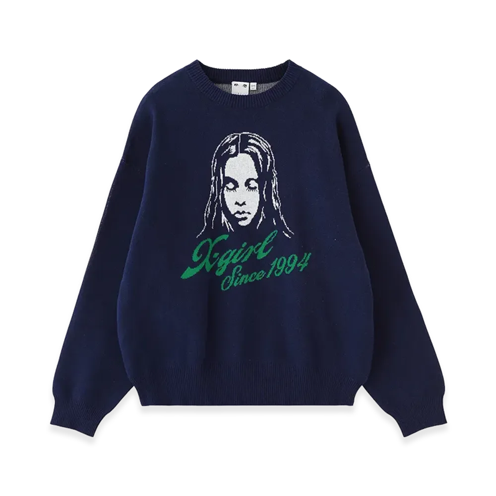 X-Girl Women's Cursive Logo And Face Jacquard Knit Top "Navy"