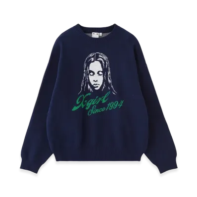 X-Girl Women's Cursive Logo And Face Jacquard Knit Top "Navy"