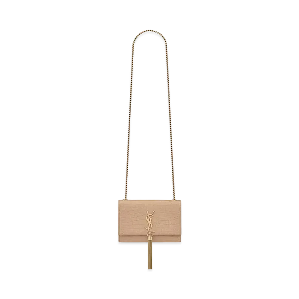 Saint Laurent Kate Small With Tassel In Crocodile-Embossed Shiny Leather "Dark Beige"
