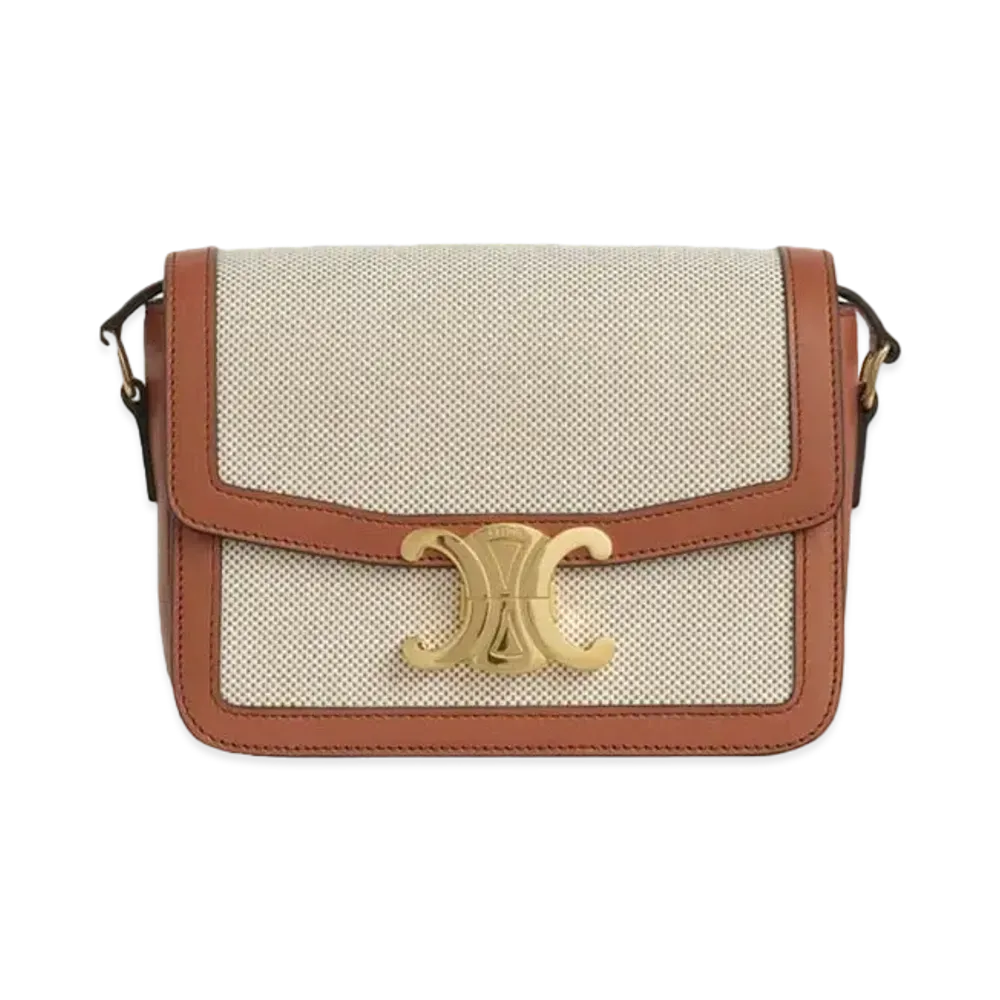 CELINE Teen Triomphe Bag in Textile and Natural Calfskin "Tan/White"