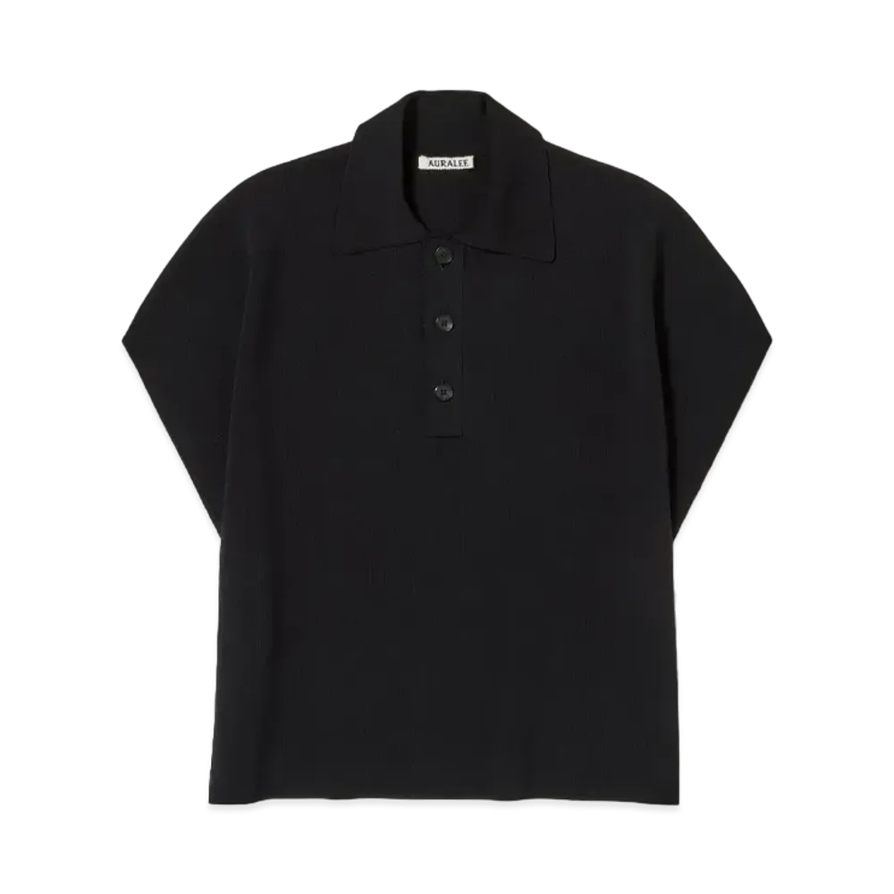 AURALEE Wool Recycle Polyester High Gauge Knit Sleeveless Polo "Black"