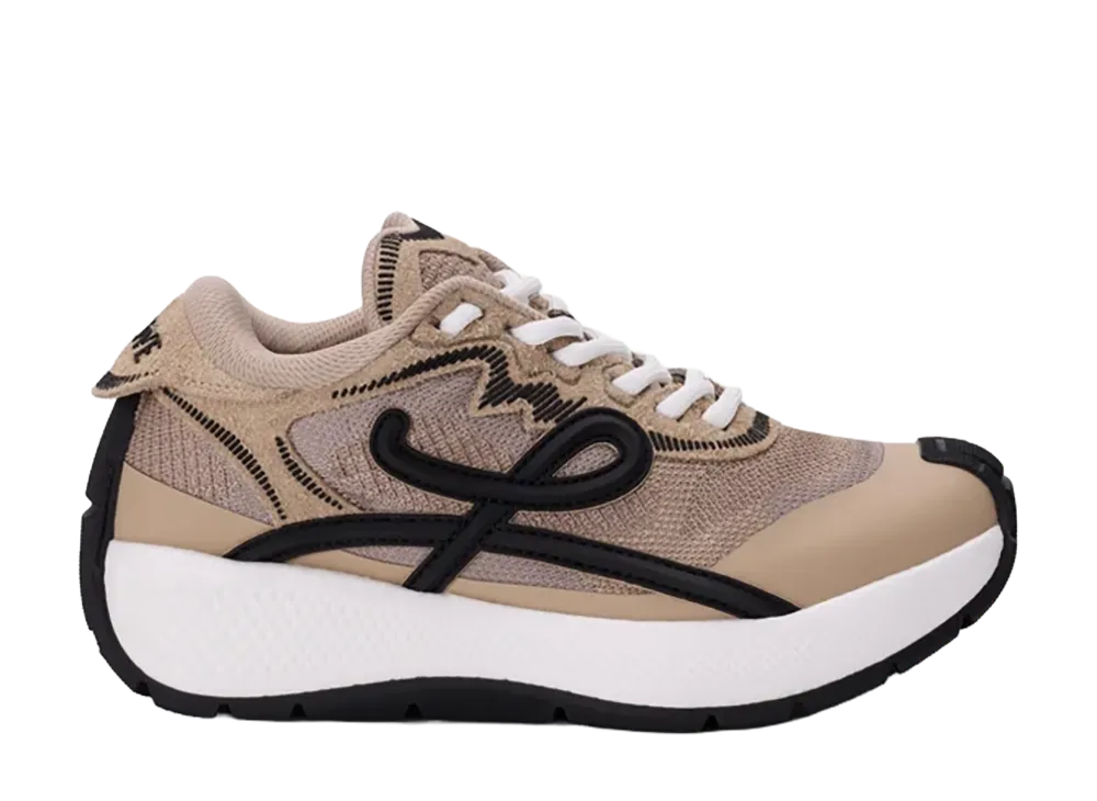 LOEWE Women's Pogo Sneaker in Technical Knit and Suede "Beige/Black/White"